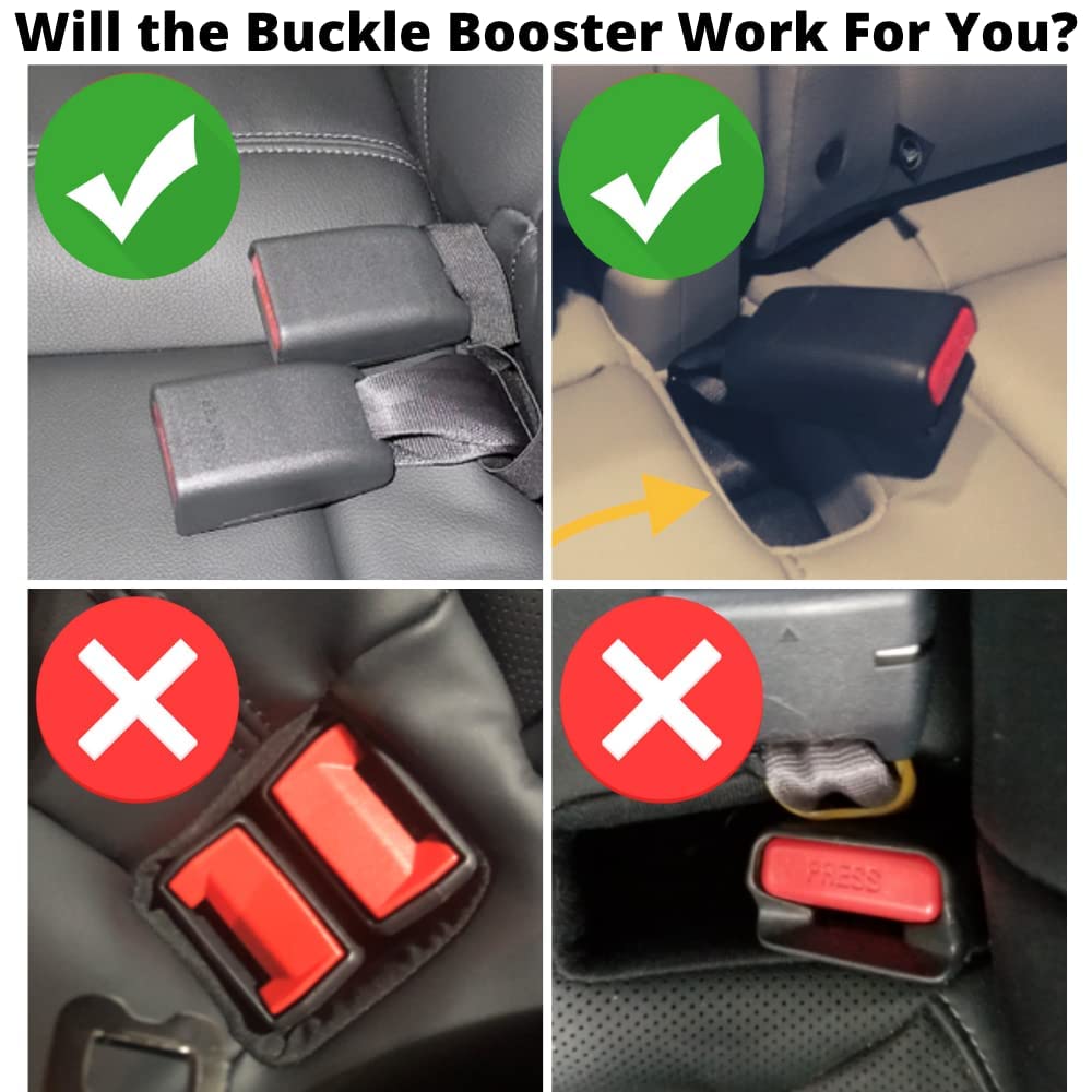 BPA-Free Car Seat Belt Buckle Booster - Keeps Your Receptacle Stable & Upright – with Kid Safety Sticker Set Gift (4-Pack, Yellow - Pull Over Buckle)
