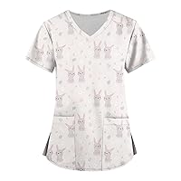 2024 Easter Print Tunic Ladies Tee Short Sleeve Tshirt Casual V-Neck Workwear Fashion Daily Dressy Tops