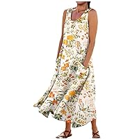 Spring Dresses for Women 2024 Summer Casual Fashion Printed Sleeveless Round Neck Pocket Dress