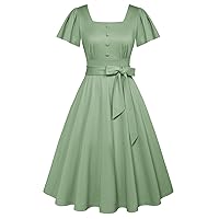 Belle Poque Women's Square Neck Dress Summer Ruffle Sleeve A Line 1950s Tea Party Dresses with Pockets