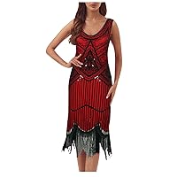 1920s Vintage Inspired Art Sequin Embellished Dress Sleeveless V-Neck Fringe Hem Flapper Dress Evening Prom Gowns