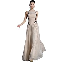 Champagne Boat Neck Sleeveless Chiffon Prom Dress With Applique Detail
