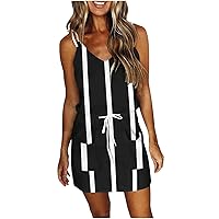 Women's Summer Casual Fashion Gradient Stripe Print Pocket Suspender Waist Drawstring Casual Dress(Black-B,Medium)