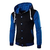 Hooded Varsity Jacket Men,Contrast Color Patchwork Baseball Jacket Button Slim Casual Sports Sweatshirts with Pocket