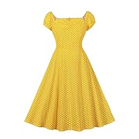 Sweetheart Neck Off Shoulder Party Women A-Line Vintage Dress Summer Clothes Polka Dot Dresses in Yellow