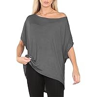 Fashion Star Womens Loose Fit Ribbed Batwing Sleeve Hi-Low Plain Baggy One Shoulder T Shirt