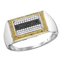 The Diamond Deal 10kt White Gold Mens Round Black Yellow Color Enhanced Diamond Rectangle Cluster Ring 1/4 Cttw