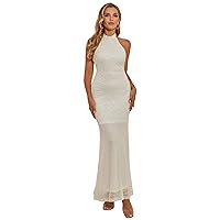 Angel-fashions Women's Halter Contrast Sequin Mermaid Long White Formal Dress