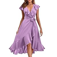 Womens Summer Dresses 2024 Ruffle Sleeve Irregular Loose Maxi Dress Sexy Flowy V Neck A-Line Belted Sleeveless Sundress