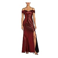 Womens Red Stretch Slitted Zippered Molded Cups Lined Off Shoulder Full-Length Evening Sheath Dress Petites 8P