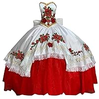 Modest Red 3D Patterned Floral African Flowers Prom Quinceanera Dresses Mexican Ball Gown Gold Embellished