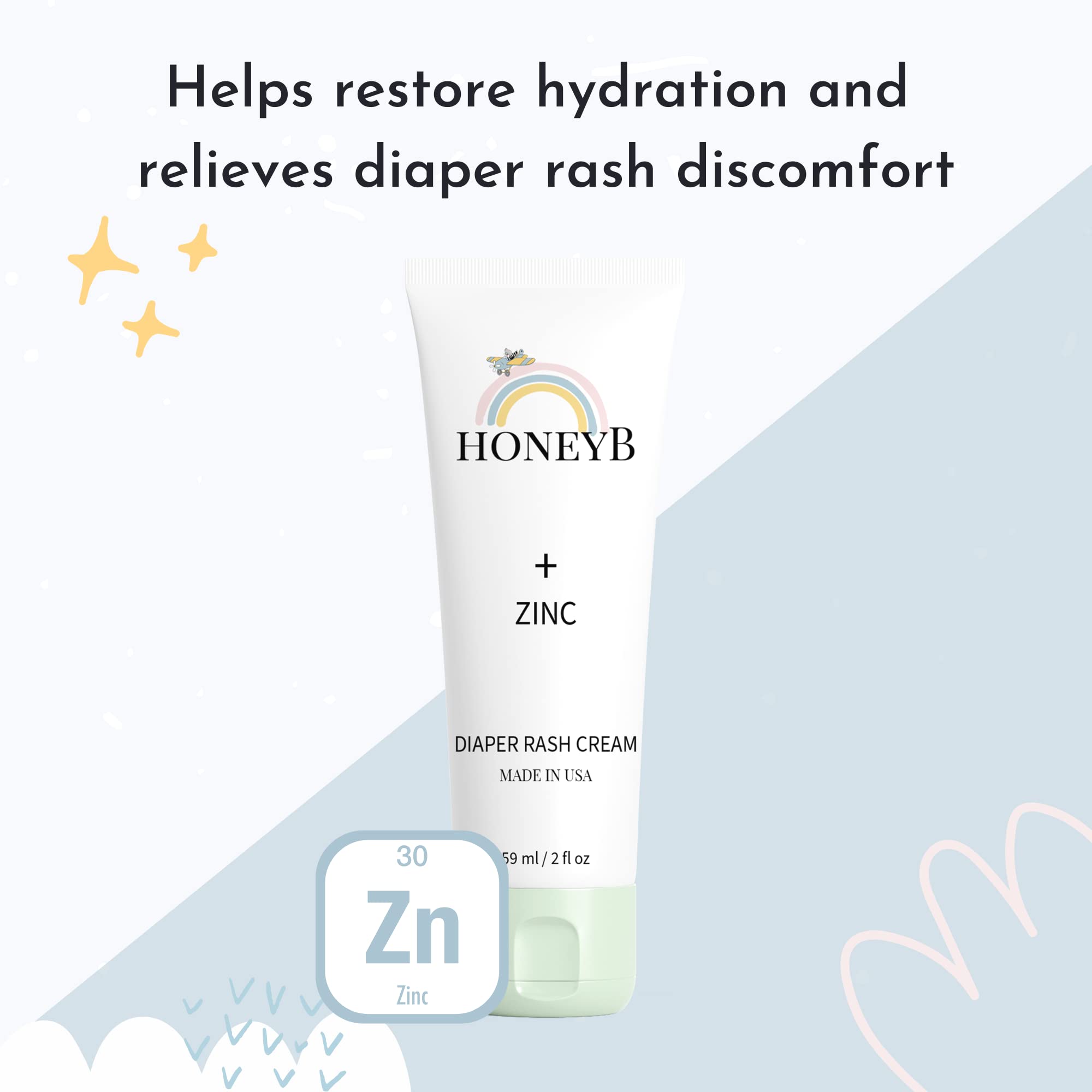HONEYB Diaper Rash Cream with Zinc – Soothe and Prevent Diaper Rash with Zinc and a Powerful Blend of Natural Ingredients – Non-Toxic Formula, 2 fl oz