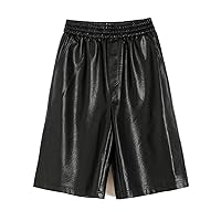 Women Wide Leg Vegan Leather Shorts Leather Loose Elastic High Waisted Vintage PU Leather Shorts for Lady