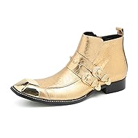 Casual Gold-Silver Metal Square Toe Leather Chelsea Boot Double Buckles Fashion Comfort Dress Chukka Boots For Men