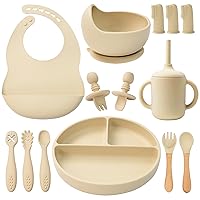 Silicone Baby Feeding Set 14 Pcs,Baby Led Weaning Supplies, Baby Spoons Suction Bowl Divided Plate Bib Cup Finger Brush,First Stage Solid Food Eating Utensils - 6+ Months(Beige)