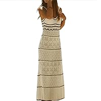 Aopwsrlyi Women Spaghetti Strap Crochet Maxi Dress Sexy Sleeveless Backless V Neck Knitted Long Dress Summer Beach Dress