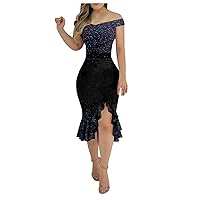 Chiffon Dresses for Women, Petite Dresses for Women Floral Maxi Dress Off Shoulder Dress Ladies Sexy Irregular Hem Casual Backless Sequin Fashion Midi Loose A-Line Outdoor Ruffle (Purple,3X-Large)