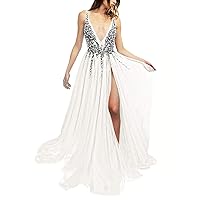 Prom Dresses Long Evening Formal Dress Deep V Neck Sequins Beaded Prom Gowns High Split Womens