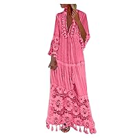 Women's Bohemian Dress,V Neck Long Sleeve Tassel Plus Size Long Lace Dress Vacation Beach Ethnic Style Maxi Dresses Pink