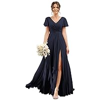 Women's V Neck Bridesmaid Dresses with Pockets Long Chiffon Pleated High Waist Formal Dress with Split R032