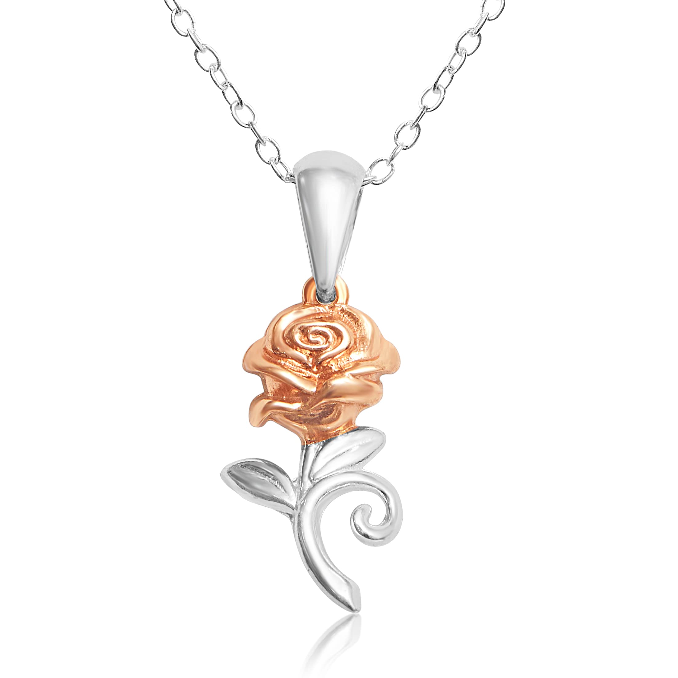Disney Beauty and the Beast, Sterling Silver Rose Pendant Necklace, 18