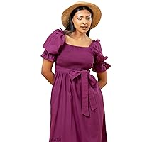 Purple Linen Cassive Five in Dress Contrast Panel V-Neck Slim Clothes Short Ankle Dress for Women