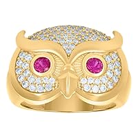 10k Yellow Gold Mens Pink White CZ Cubic Zirconia Simulated Diamond Owl Bird Wildlife Ring Measures 14.3x20.8mm Wide Jewelry Gifts for Men