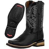 Kids Black Western Cowboy Boots Real Leather Classic Square Toe
