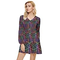 CowCow Womens Summer Tunic Dress Constellation Space Galaxy Flowers Pattern Tiered Long Sleeve Mini Dress