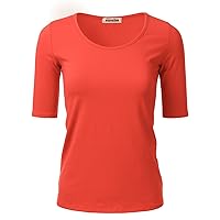 SSOULM Women's 1/2 Sleeve Scoopneck Cotton Basic Slim Fit T-Shirt Top with Plus Size