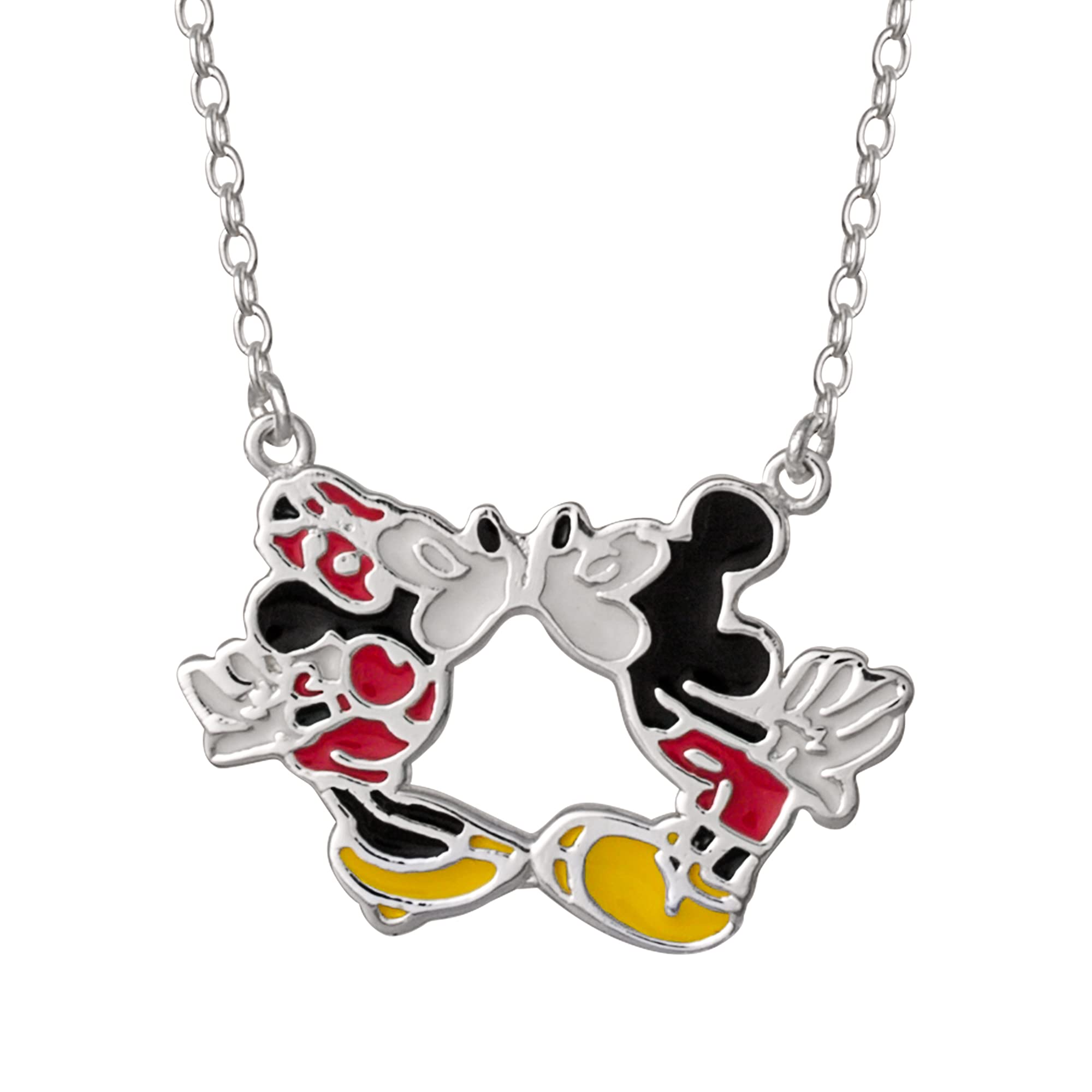Disney Jewelry Mickey and Mouse Minnie Mouse Sterling Silver Kiss Necklace, 16+2