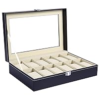 Ohuhu Watch Cases for Men, Watch Box Watch Holder Watch Organizer Display Storage 12 Slot PU Leather Real Glass Lid Soft Velvet Jewelry Box for Men and Women Perfect Birthday Gifts