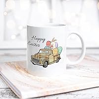 Funny White Ceramic Coffee Mug Happy Easter Day Cute Rabbit And Orange Plaid Truck Coffee Cup Drinking Mug With Handle For Home Office Desk Novelty Easter Gift Idea For Kid Children Women Men