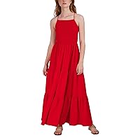BCBGeneration Women's Fit and Flare Spaghetti Strap Halter Neck Tie Back Smocked Bodice Tiered Skirt Maxi Dress