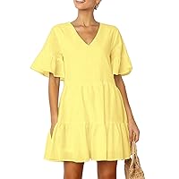 GRASWE Women's Summer V Neck Babydoll Dress Casual Loose Ruffles Swing Shift Mini Dresses