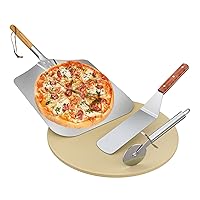 Onlyfire Round Pizza Stone Set for Oven and Grill, Pizza Grilling Tool Kit Including Baking Stone, Pizza Peel, Pizza Shovel and Cutter, Ideal for Baking Crisp Crust Pizza, Bread and More