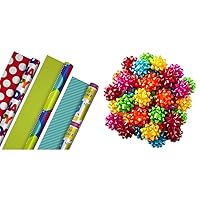 Hallmark Reversible Birthday Wrapping Paper Bundle (3-Pack: 75 sq. ft. ttl.) & Hallmark Bright Gift Bow Assortment (36 Bows) Red, Pink, Orange, Green, Teal, Yellow