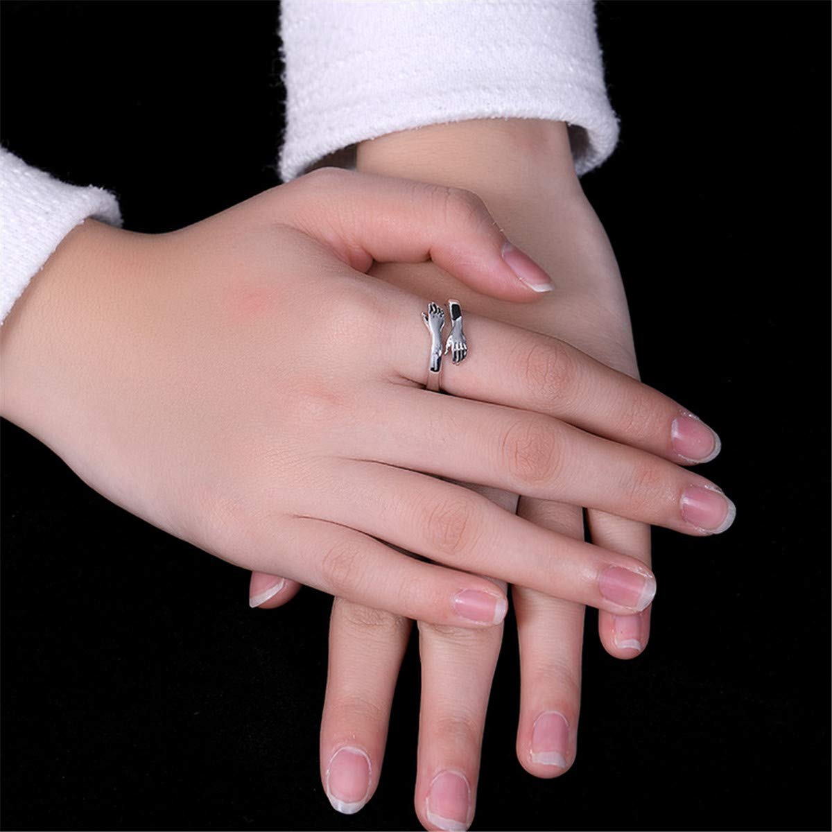 Qordelia 925 Pure Silver Rings Hugging Hands Open Ring Jewelry for Women Girls, Adjustable