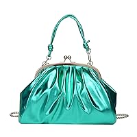 Oichy Kiss Lock Handbags Shiny Patent Leather Evening Bag Pleated Clutch Purses Top Handle Satchel with Detachable Chain