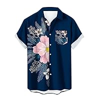Mens Floral Printed Hawaiian Shirts Summer Casual Short Sleeve Turndown Collar Loose Fit Patchwork Pocket Beach Shirt