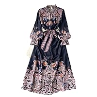 Women Casual Holiday Dress Spring Stand Collar Flare Sleeve Vintage Printed Loose Dresses Female Party Vestidos