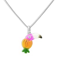 Rhodium Plated Sterlin Silver Hand Painted Enamel Womans Toucan Bird Charm Necklace 18in