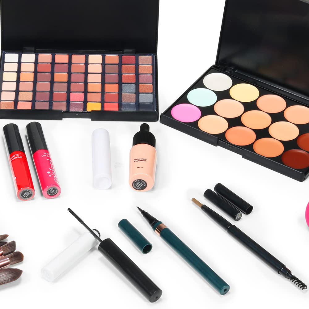All in One Makeup Kit For Girls Include Eyeshadow Cosmetic Brush Concealer Lipstick Lip Gloss Concealer Stick Mascara Eyeliner Eyebrow Pencil Lip Balm Powder Puff Loose Powder-Makeup Set