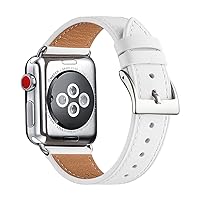 Bestig Bands Compatible with Apple Watch Band 38mm 40mm 41mm 42mm 44mm 45mm 49mm, Genuine Leather Replacement Wristband Strap for iWatch Ultra SE Series 9 8 7 6 5 4 3 2 1 Women Men(White+Silver)