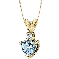PEORA Solid 14K Yellow Gold Aquamarine with Diamond Pendant for Women, Genuine Gemstone Birthstone Solitaire, Heart Shape, 0.75 Carat total