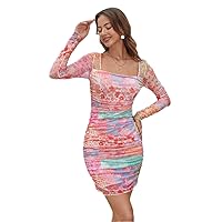 Floral Print Square Neck Ruched Mesh Bodycon Dress