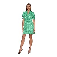 DKNY Womens Green Zippered Smocked Floral Short Sleeve Tie Neck Short Fit + Flare Dress 10