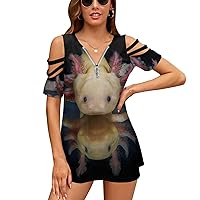 Animal Axolotl Cold Shoulder Tops for Women Graphic T Shirts Zippered V Neck Mini Dress