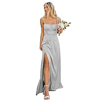Silver Satin Bridesmaid Dresses Long Plus Size High Split Formal Evening Gowns for Women Size 24W