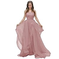 Tulle Strapless Prom Dresses for Teens Ruffle Pleated Long Puffy Formal Evening Party Gowns